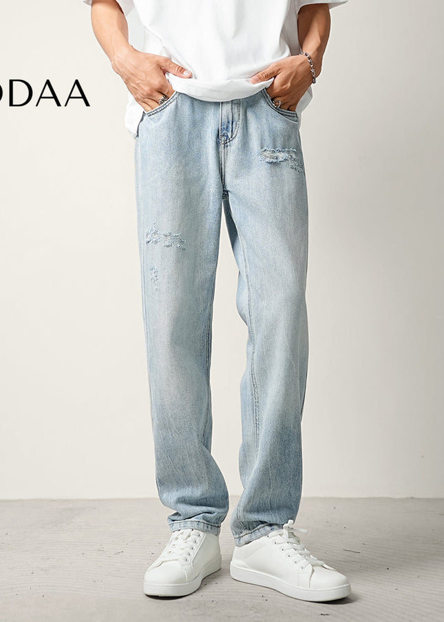 Light Blue Ripped Wash Summer Jeans Men’s Tapered Trousers - 28 / Light Blue - Men’s Jeans