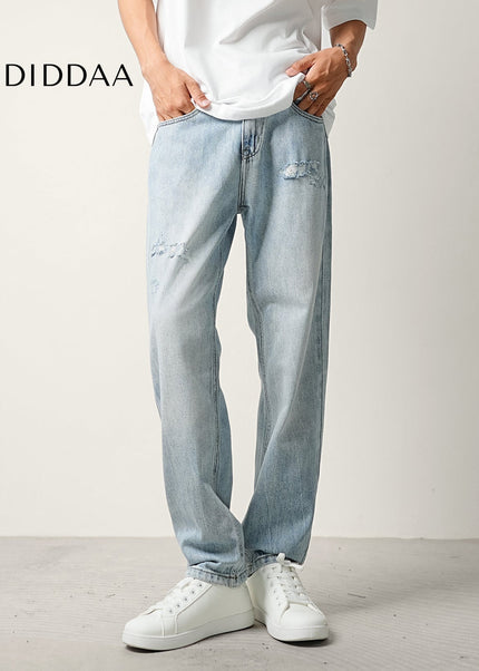 Light Blue Ripped Wash Summer Jeans Men’s Tapered Trousers - Men’s Jeans