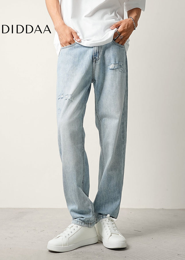 Light Blue Ripped Wash Summer Jeans Men’s Tapered Trousers - Men’s Jeans