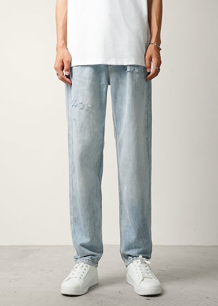 Light Blue Ripped Wash Summer Jeans Men’s Tapered Trousers - Men’s Jeans