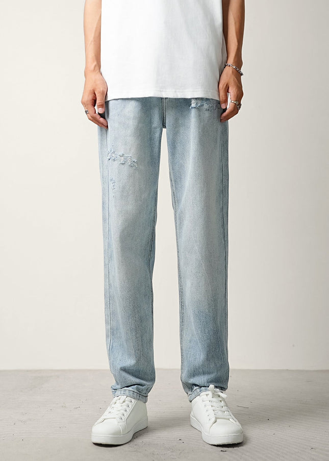 Light Blue Ripped Wash Summer Jeans Men’s Tapered Trousers - Men’s Jeans