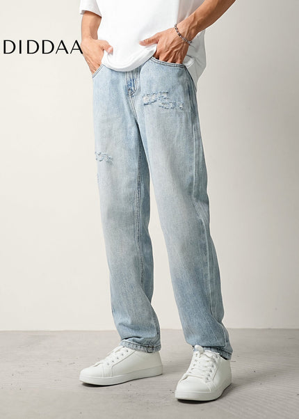 Light Blue Ripped Wash Summer Jeans Men’s Tapered Trousers - Men’s Jeans