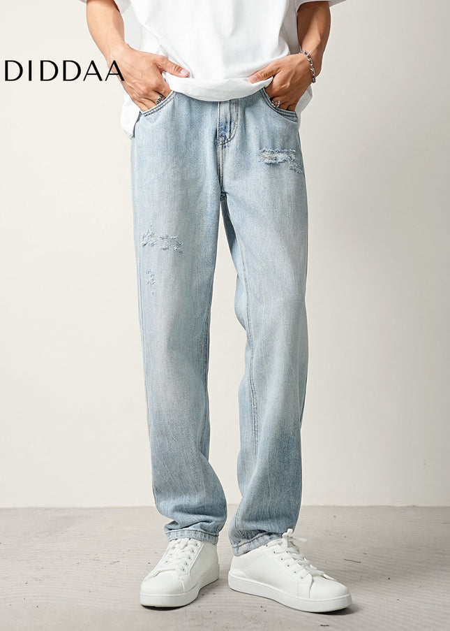 Light Blue Ripped Wash Summer Jeans Men’s Tapered Trousers - Men’s Jeans