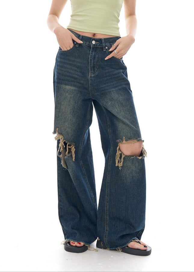 Light Blue Ripped Wide-Leg Jeans for Women by AGUA - Women’s Jeans