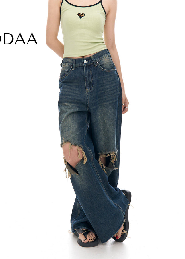 Light Blue Ripped Wide-Leg Jeans for Women by AGUA - XS / Dark Blue - Women’s Jeans