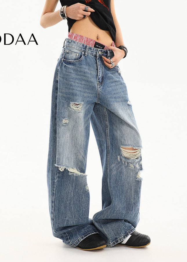 Light Blue Ripped Wide-Leg Jeans for Women Summer - S / Blue - Women’s Jeans