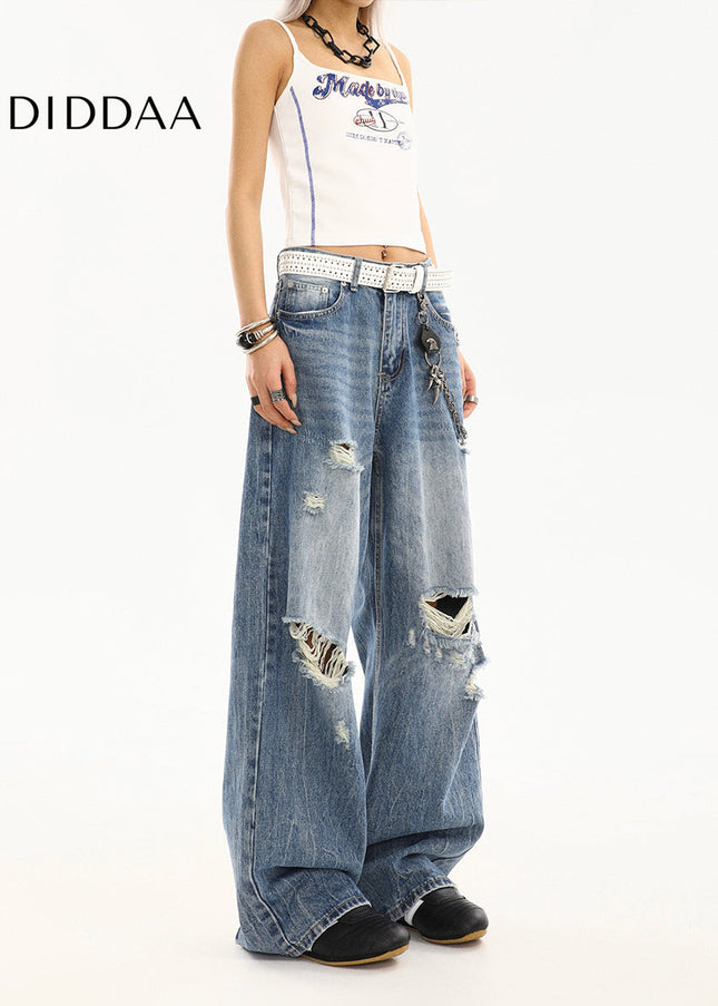 Light Blue Ripped Wide-Leg Jeans for Women Summer - Women’s Jeans