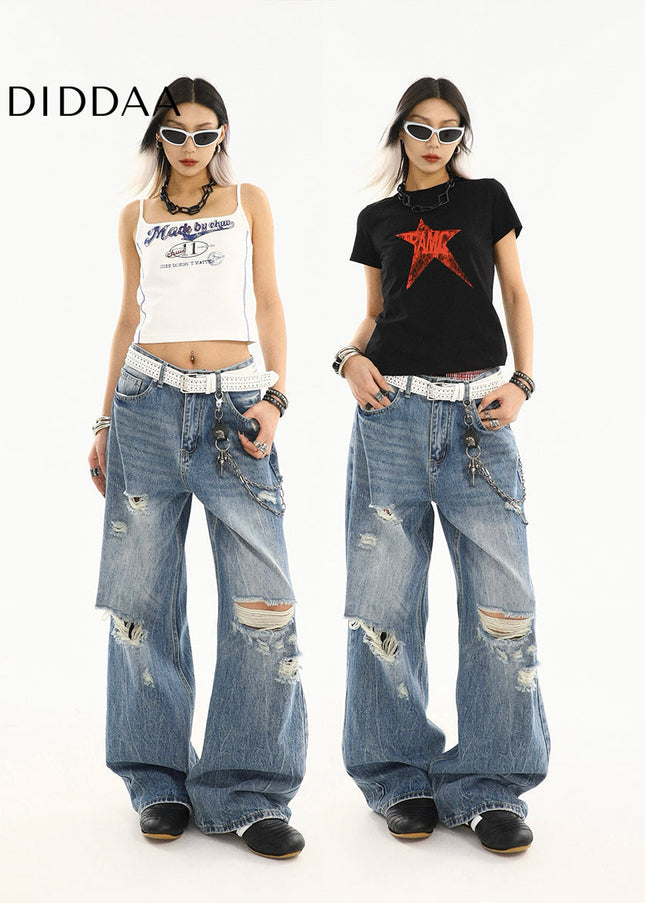 Light Blue Ripped Wide-Leg Jeans for Women Summer - Women’s Jeans