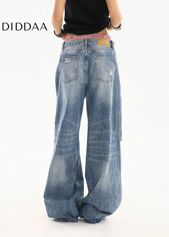 Light Blue Ripped Wide-Leg Jeans for Women Summer - Women’s Jeans