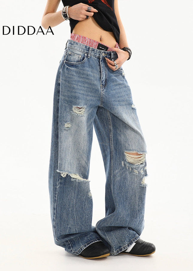 Light Blue Ripped Wide-Leg Jeans for Women Summer - Women’s Jeans