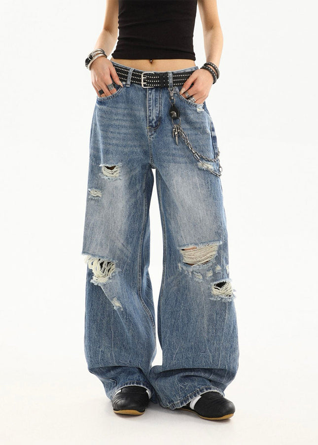 Light Blue Ripped Wide-Leg Jeans for Women Summer - Women’s Jeans