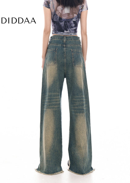Light Blue Ripped Wide-Leg Jeans with Raw Edge Design - Women’s Jeans