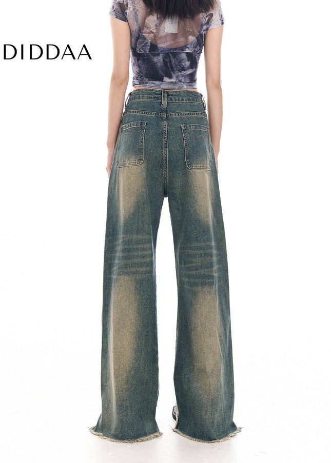 Light Blue Ripped Wide-Leg Jeans with Raw Edge Design - Women’s Jeans