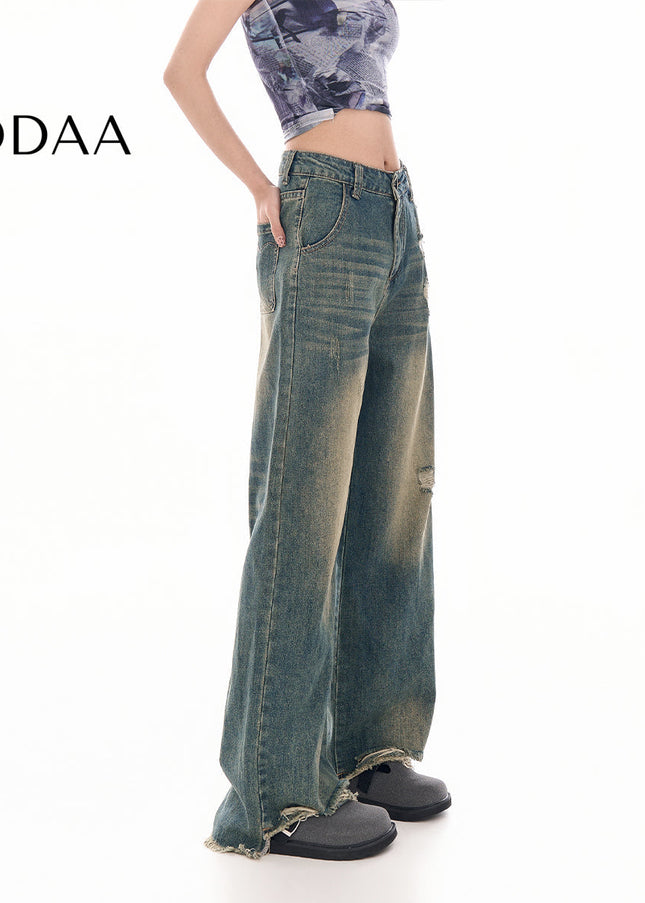 Light Blue Ripped Wide-Leg Jeans with Raw Edge Design - Women’s Jeans