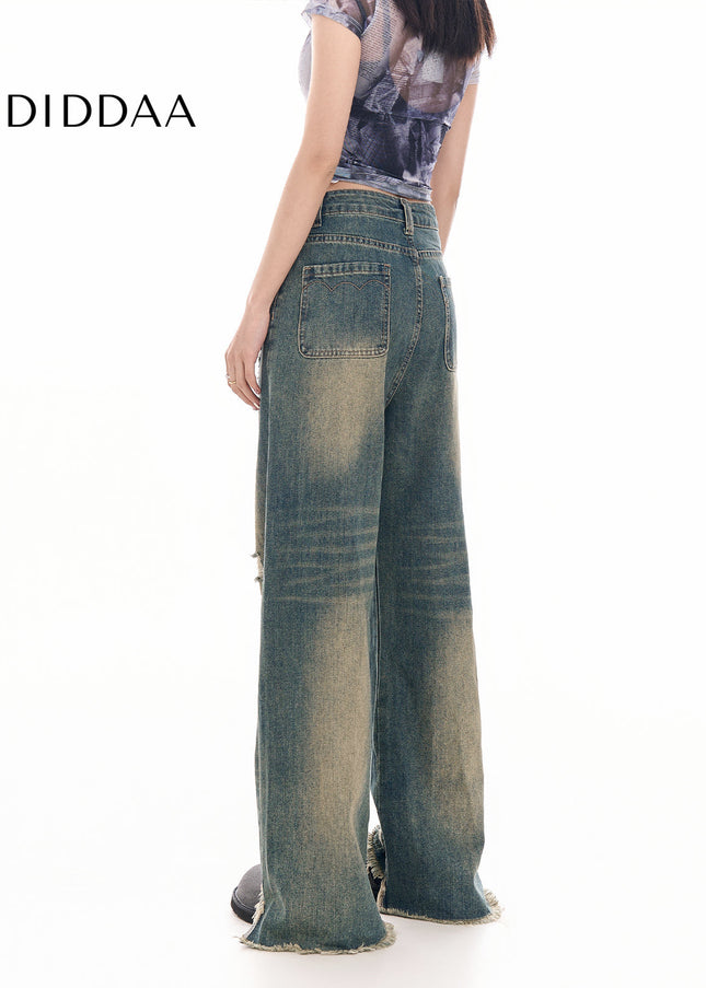 Light Blue Ripped Wide-Leg Jeans with Raw Edge Design - Women’s Jeans