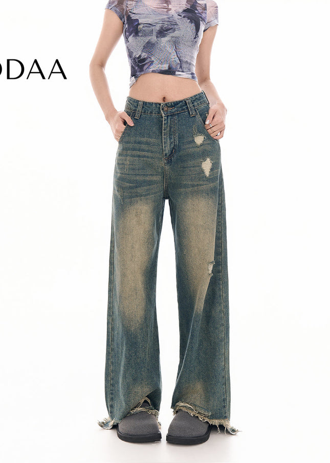 Light Blue Ripped Wide-Leg Jeans with Raw Edge Design - XS / Vintage Blue - Women’s Jeans