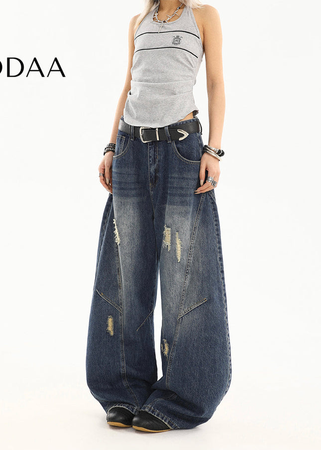 Light Blue Ripped Wide-Leg Scimitar Jeans for Women - S / Dark Blue - Women’s Jeans