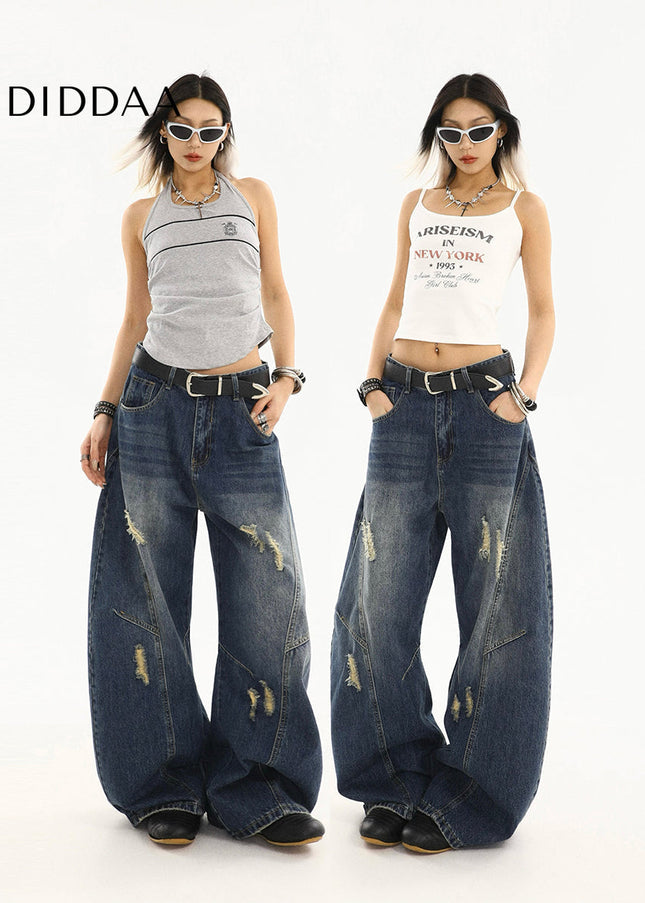 Light Blue Ripped Wide-Leg Scimitar Jeans for Women - Women’s Jeans