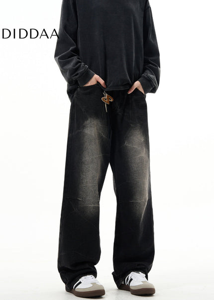 Light Blue Sandblasted Vintage Wide-Leg Jeans Men’s Retro - Men’s Jeans