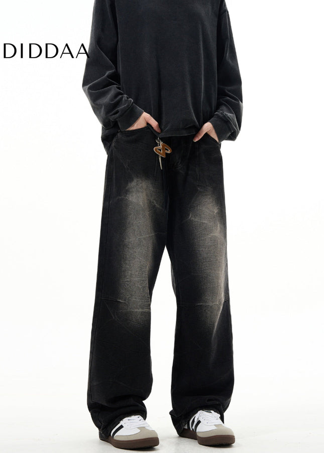 Light Blue Sandblasted Vintage Wide-Leg Jeans Men’s Retro - Men’s Jeans