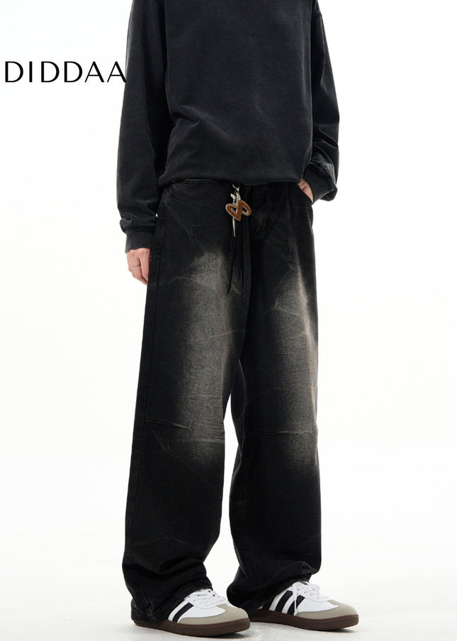 Light Blue Sandblasted Vintage Wide-Leg Jeans Men’s Retro - Men’s Jeans