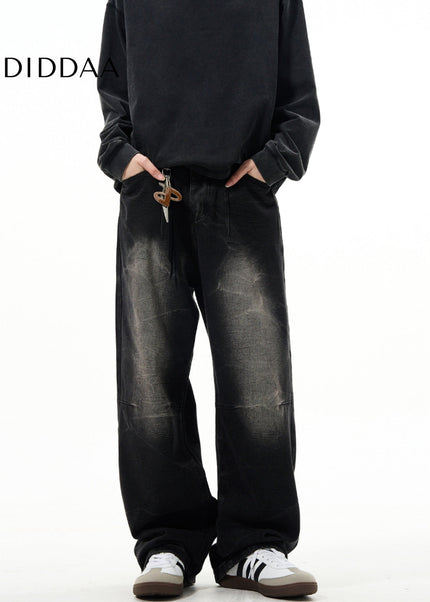 Light Blue Sandblasted Vintage Wide-Leg Jeans Men’s Retro - Men’s Jeans