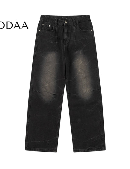 Light Blue Sandblasted Vintage Wide-Leg Jeans Men’s Retro - S / Black - Men’s Jeans