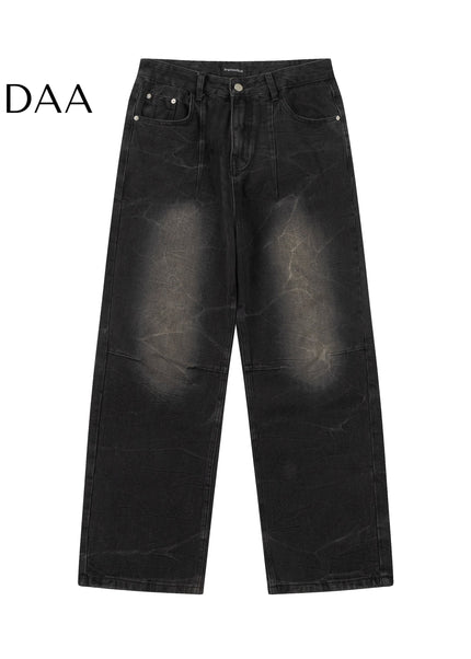 Light Blue Sandblasted Vintage Wide-Leg Jeans Men’s Retro - S / Black - Men’s Jeans