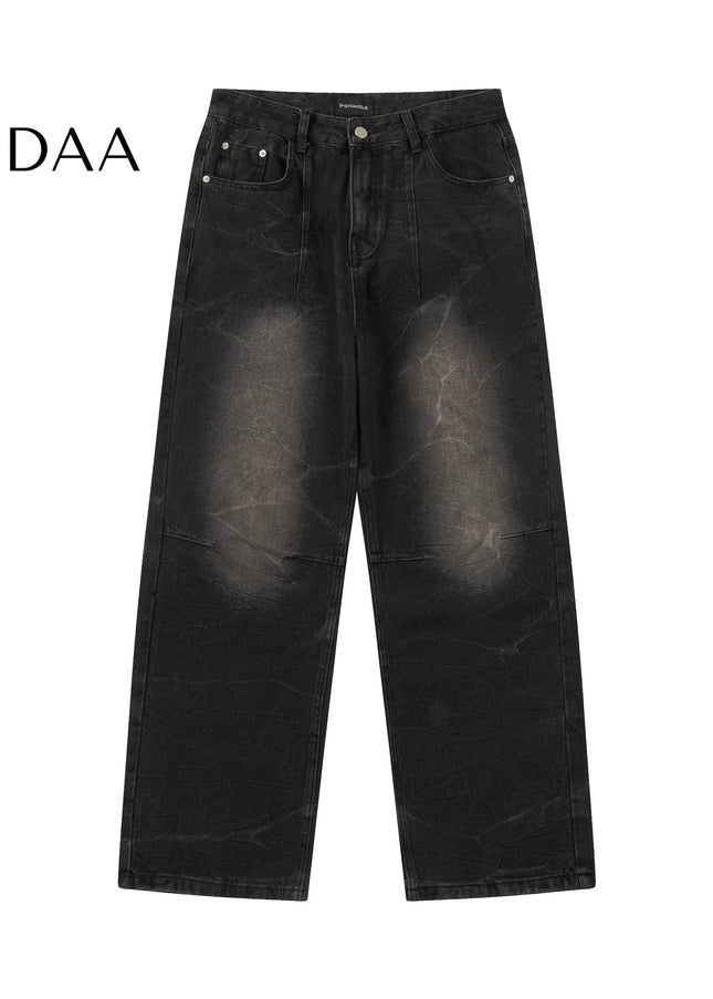 Light Blue Sandblasted Vintage Wide-Leg Jeans Men’s Retro - S / Black - Men’s Jeans