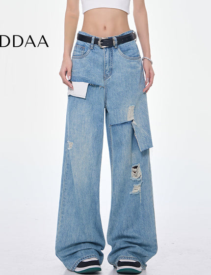Light Blue Spliced Pocket Frayed High Waist Jeans - S / Blue - Women’s Jeans