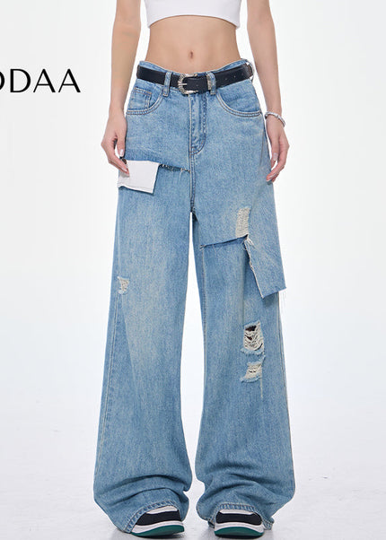Light Blue Spliced Pocket Frayed High Waist Jeans - S / Blue - Women’s Jeans