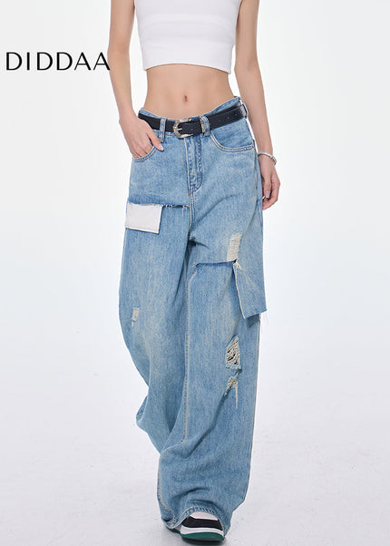 Light Blue Spliced Pocket Frayed High Waist Jeans - Women’s Jeans
