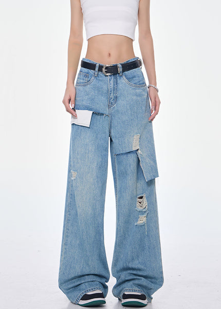 Light Blue Spliced Pocket Frayed High Waist Jeans - Women’s Jeans