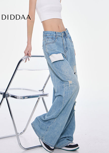 Light Blue Spliced Pocket Frayed High Waist Jeans - Women’s Jeans
