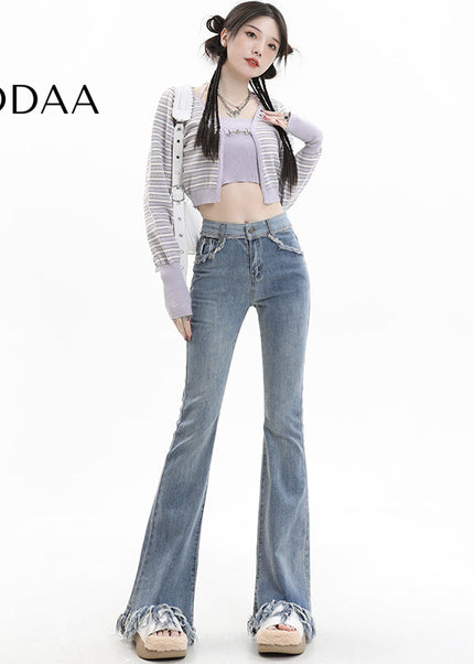 Light Blue Tassel Raw Edge Flared Jeans - Women’s Jeans