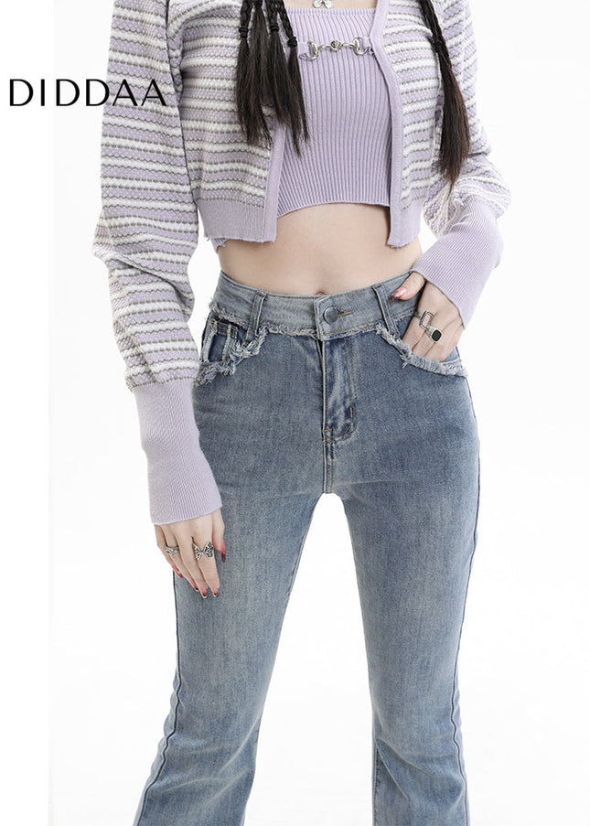 Light Blue Tassel Raw Edge Flared Jeans - Women’s Jeans