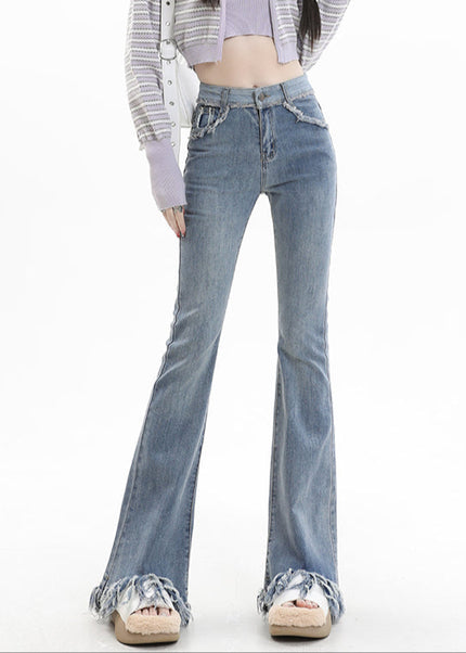 Light Blue Tassel Raw Edge Flared Jeans - Women’s Jeans