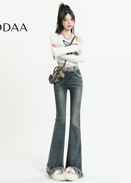 Light Blue Tassel Raw Edge Flared Jeans - Women’s Jeans