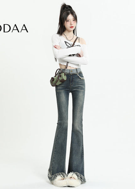 Light Blue Tassel Raw Edge Flared Jeans - Women’s Jeans