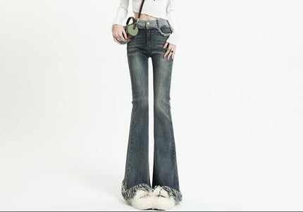 Light Blue Tassel Raw Edge Flared Jeans - XS / Vintage Blue - Women’s Jeans