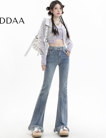 Light Blue Tassel Raw Edge Flared Jeans - XS / Light Blue - Women’s Jeans