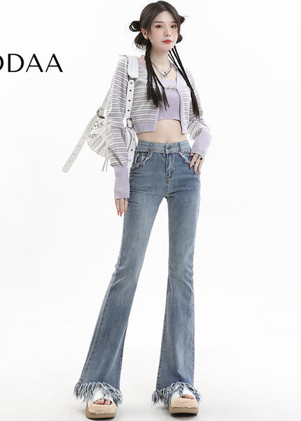 Light Blue Tassel Raw Edge Flared Jeans - XS / Light Blue - Women’s Jeans