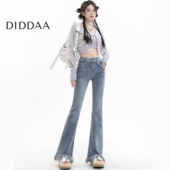 Light Blue Tassel Raw Edge Flared Jeans - XS / Light Blue - Women’s Jeans