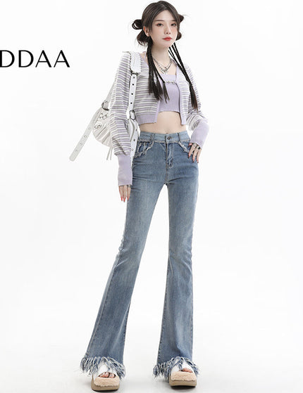 Light Blue Tassel Raw Edge Flared Jeans - XS / Light Blue - Women’s Jeans