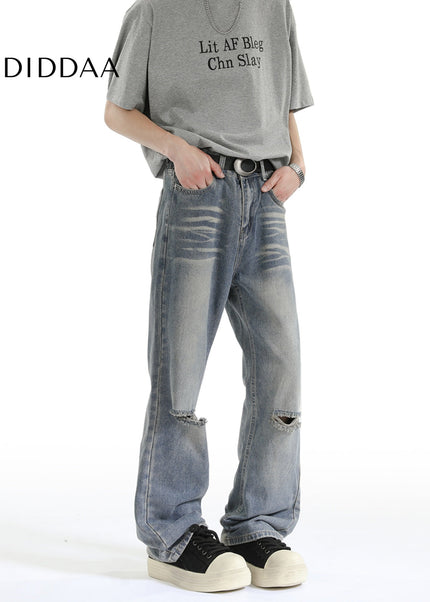 Light Blue Vintage Distressed Ripped Jeans Men’s Loose Design - Men’s Jeans