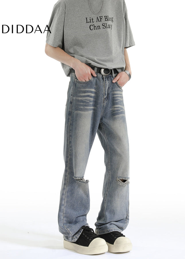 Light Blue Vintage Distressed Ripped Jeans Men’s Loose Design - Men’s Jeans