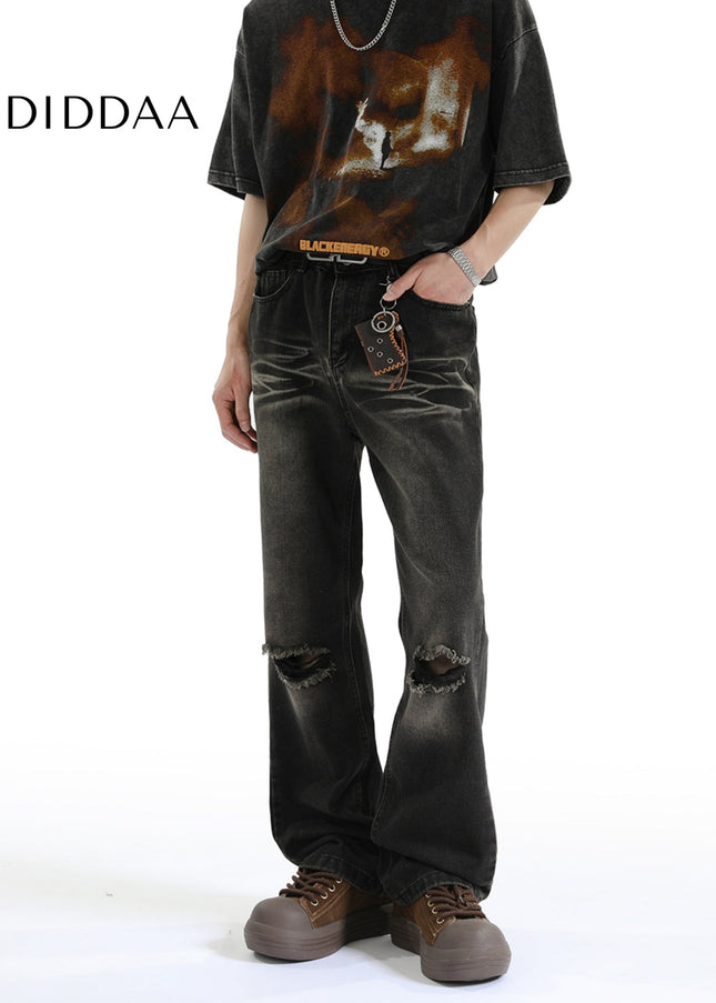 Light Blue Vintage Distressed Ripped Jeans Men’s Loose Design - Men’s Jeans