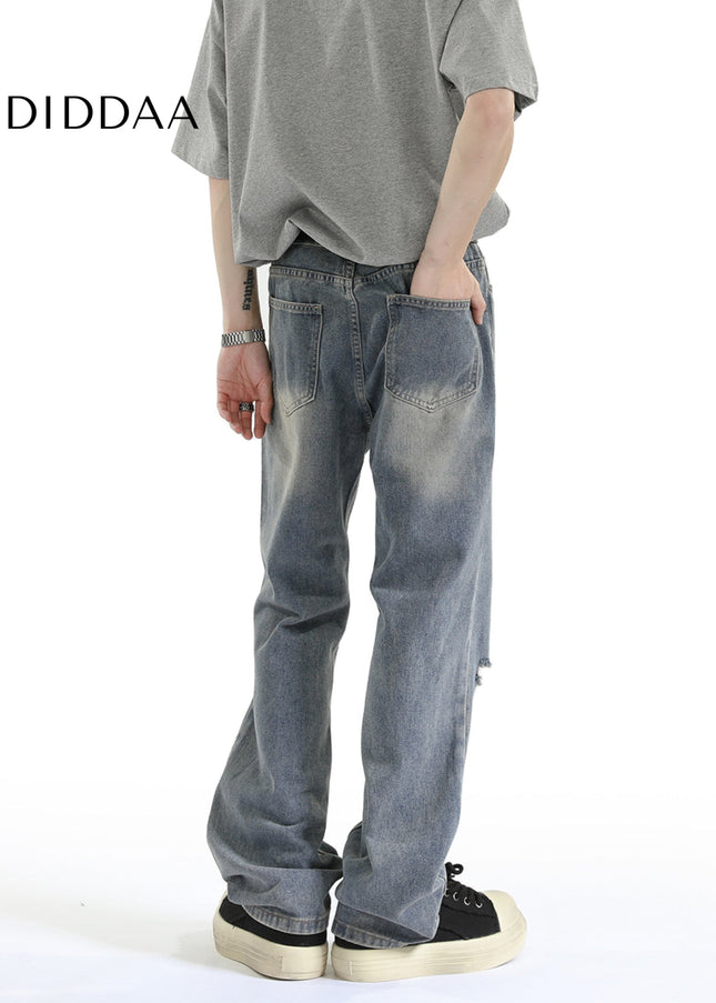 Light Blue Vintage Distressed Ripped Jeans Men’s Loose Design - Men’s Jeans