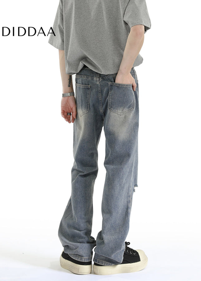 Light Blue Vintage Distressed Ripped Jeans Men’s Loose Design - Men’s Jeans
