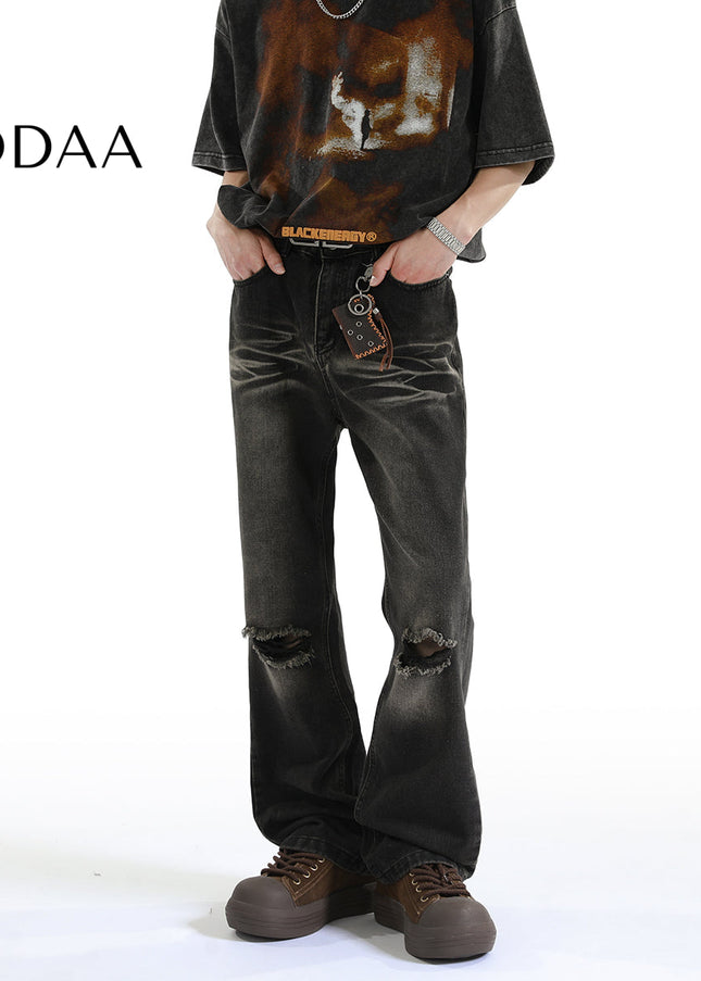 Light Blue Vintage Distressed Ripped Jeans Men’s Loose Design - S / Black - Men’s Jeans